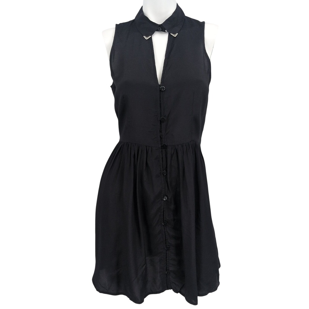 Black Mini Dress Tunic Metal Collar Button Front Dark Academia Goth Preppy Sz 4